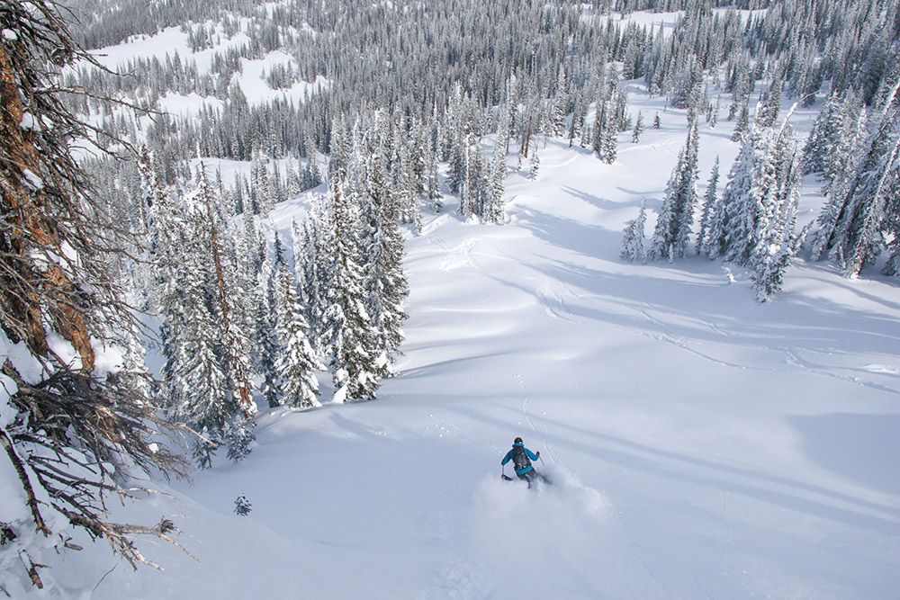 Solo skier ripping powder in Steamboat